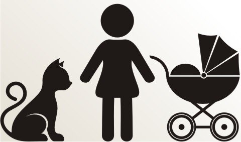 Frau, Kinderwagen und Katze Aufkleber-Piktogramm